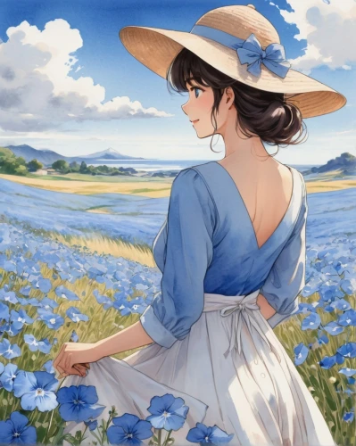 straw hat,blooming field,summer day,sun hat,high sun hat,field of flowers,parasol,summer flower,summer hat,straw hats,flower field,country dress,summer meadow,blue petals,blue bell,forget-me-not,flowers field,windflower,jasmine blue,springtime background,Illustration,Paper based,Paper Based 25