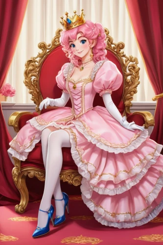 stechnelke,rococo,poker primrose,cinderella,victorian lady,vexiernelke,crinoline,fairy tale character,a princess,princess sofia,venetia,queen of hearts,princess anna,peach rose,princess,sitting on a chair,tea party collection,princess crown,disney rose,pink shoes,Illustration,Paper based,Paper Based 22