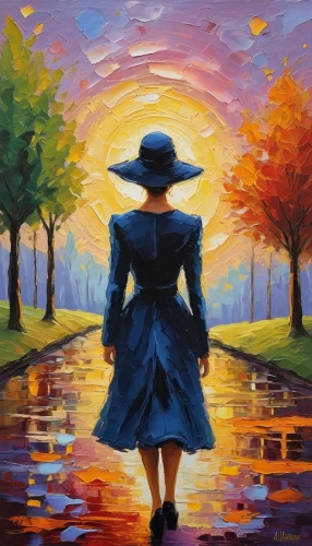 woman walking,girl walking away,oil painting on canvas,mary poppins,oil painting,pilgrim,art painting,walking in the rain,autumn walk,autumn landscape,woman silhouette,oil on canvas,painting technique,the hat of the woman,woman's hat,pedestrian,girl wearing hat,one autumn afternoon,autumn background,girl in a long,Illustration,Black and White,Black and White 17