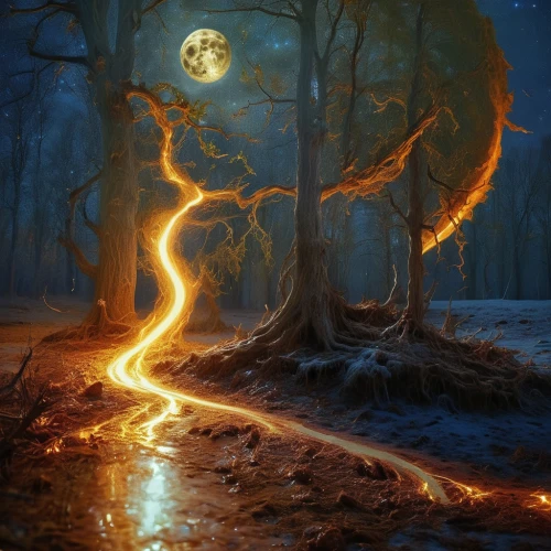 fantasy picture,burning tree trunk,fantasy landscape,fantasy art,magic tree,forest fire,photomanipulation,enchanted forest,the mystical path,photo manipulation,mystical,scorched earth,fairy forest,haunted forest,dancing flames,autumn forest,burning earth,fairytale forest,moonlit night,tree torch,Photography,General,Realistic