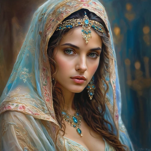 fantasy art,romantic portrait,fantasy portrait,arabian,mystical portrait of a girl,indian woman,indian bride,radha,priestess,islamic girl,girl in cloth,boho art,young woman,oil painting,comely,woman portrait,gypsy soul,persian,east indian,oil painting on canvas,Photography,General,Commercial