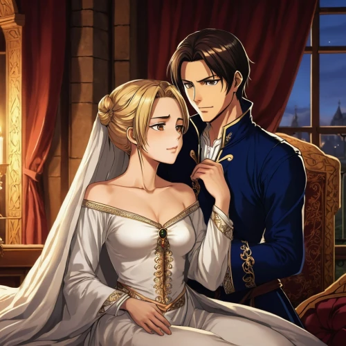 prince and princess,wedding couple,young couple,romantic portrait,hamelin,bride and groom,camelot,jessamine,husband and wife,romance novel,game illustration,wife and husband,silver wedding,golden weddings,beautiful couple,married,wedding icons,victorian style,rose family,fairy tale,Illustration,Children,Children 02