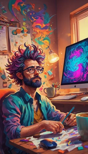 man with a computer,trip computer,computer art,illustrator,computer freak,computer addiction,psychedelic art,computer,lsd,computational thinking,computer business,painting technique,digital nomads,desk top,world digital painting,sci fiction illustration,zedoary,computers,creative office,scientist,Conceptual Art,Oil color,Oil Color 23