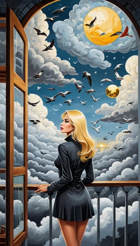 femme fatale,blonde woman,andromeda,vertigo,dali,world digital painting,sci fiction illustration,zeppelin,la nascita di venere,girl on the stairs,sky,stormy,ufo,surrealism,venus,fantasy picture,fantasy art,pin-up girl,zeppelins,retro pin up girl,Illustration,Realistic Fantasy,Realistic Fantasy 40