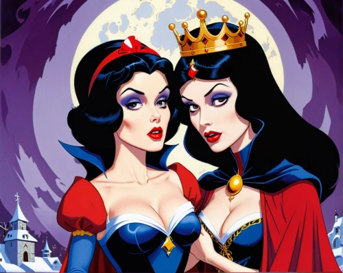 princesses,queen of hearts,snow white,fairy tale icons,gothic portrait,fairytale characters,witches,vampira,fairy tales,bad girls,queen of the night,halloween poster,vampires,nightshade family,fairytales,beauty icons,crowning,celebration of witches,fantasy woman,pin ups,Illustration,American Style,American Style 05