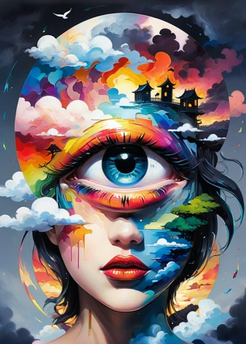 psychedelic art,third eye,cosmic eye,imagination,psychedelic,hallucinogenic,all seeing eye,surrealism,surrealistic,eye ball,abstract eye,see no evil,the illusion,women's eyes,distant vision,unreality,magnify,perception,graffiti art,wonderland,Illustration,Realistic Fantasy,Realistic Fantasy 37