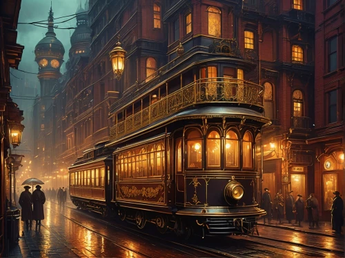 streetcar,street car,the lisbon tram,tram,cable car,new orleans,tramway,cable cars,trolley train,tram road,cablecar,gas lamp,trolley bus,golden rain,victorian,evening atmosphere,trolley,world digital painting,victorian style,memphis tennessee trolley,Illustration,Japanese style,Japanese Style 18