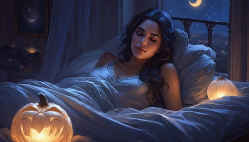 halloween illustration,nightgown,digital painting,fantasy portrait,mystical portrait of a girl,romantic portrait,halloween scene,digital illustration,candlelights,the girl in nightie,lantern,candle,romantic night,digital art,halloween wallpaper,halloween poster,girl in bed,burning candles,tea-lights,the sleeping rose,Conceptual Art,Fantasy,Fantasy 17