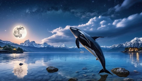 oceanic dolphins,dolphin background,fantasy picture,dolphins in water,narwhal,cetacea,bottlenose dolphins,humpback whale,whales,dolphins,two dolphins,moon and star background,cetacean,bottlenose dolphin,giant dolphin,dolphin,dusky dolphin,orca,killer whale,whale,Photography,General,Realistic