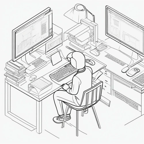 office line art,working space,remote work,man with a computer,workspace,computer desk,computer workstation,computer addiction,work space,computer room,in a working environment,desktop support,freelance,wireframe graphics,office worker,freelancer,animator,workstation,illustrator,telework,Illustration,Black and White,Black and White 04