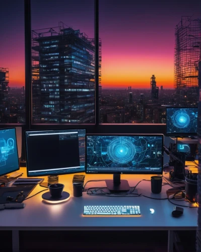 computer workstation,computer desk,working space,blur office background,computer room,desktop computer,modern office,monitor wall,control center,cyberpunk,monitors,the server room,computer art,fractal design,workstation,control desk,computer monitor,desk,work space,trading floor,Art,Artistic Painting,Artistic Painting 03