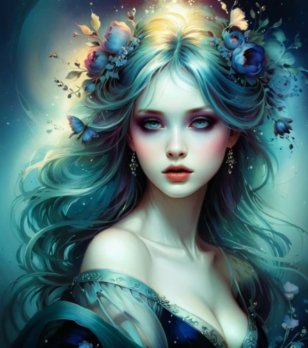 faery,fairy queen,faerie,blue enchantress,fantasy portrait,fantasy art,mystical portrait of a girl,blue moon rose,fairy tale character,flower fairy,white rose snow queen,the enchantress,fairy,mermaid background,elven flower,rosa 'the fairy,fae,queen of the night,little girl fairy,moonflower,Illustration,Realistic Fantasy,Realistic Fantasy 15