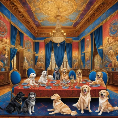 kennel club,napoleon iii style,sistine chapel,brazilian monarchy,dog cafe,fila brasileiro,king charles spaniel,color dogs,dog school,boardroom,dogshow,kennel,basset bleu de gascogne,ornate room,theater curtain,board room,monarchy,the throne,art gallery,europe palace,Illustration,Realistic Fantasy,Realistic Fantasy 39