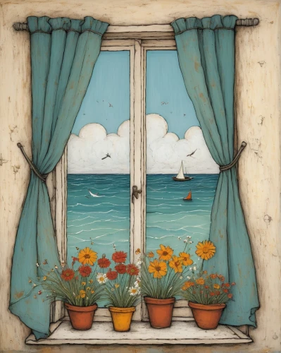 window with sea view,sicily window,french windows,sea beach-marigold,window curtain,window treatment,flowers frame,wooden windows,bay window,window with shutters,flower frame,carol colman,vincent van gough,window pane,seaside view,window valance,window,the window,window front,seaside country,Art,Artistic Painting,Artistic Painting 49