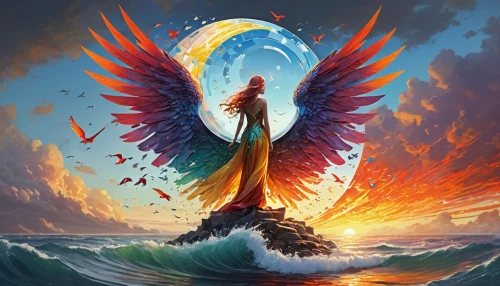 fantasy picture,fantasy art,god of the sea,fire angel,archangel,angel wing,bird of paradise,winged heart,angel wings,holy spirit,the archangel,firebird,phoenix,dove of peace,freedom from the heart,divine healing energy,garuda,prosperity and abundance,angelology,uriel,Conceptual Art,Oil color,Oil Color 11