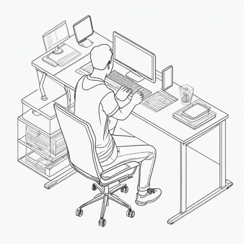 office line art,standing desk,desktop support,computer desk,office chair,new concept arms chair,computer workstation,male poses for drawing,working space,squat position,computer monitor accessory,writing or drawing device,man with a computer,office worker,in a working environment,character animation,tablet computer stand,advertising figure,office desk,coloring page,Illustration,Black and White,Black and White 04