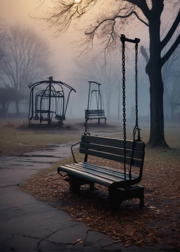 empty swing,benches,park bench,bench,dark park,loneliness,wooden swing,emptiness,wooden bench,swing set,outdoor bench,evening atmosphere,man on a bench,solitude,playground,foggy day,melancholy,lonely child,ghost town,red bench,Art,Classical Oil Painting,Classical Oil Painting 11