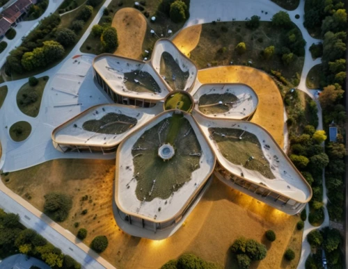 autostadt wolfsburg,olympiapark,futuristic art museum,mercedes-benz museum,mavic 2,futuristic architecture,solar cell base,soumaya museum,chinese architecture,stuttgart,obike munich,drone image,malmö,zhengzhou,from above,urban design,nanjing,bird's-eye view,qlizabeth olympic park,sculpture park,Photography,General,Realistic