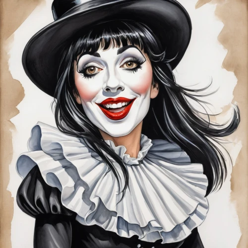 caricaturist,mime artist,mime,cruella de ville,wicked witch of the west,rockabella,vampira,vaudeville,vampire woman,chalk drawing,gothic portrait,black hat,ringmaster,vampire lady,pierrot,cruella,caricature,dita,queen of hearts,harlequin,Illustration,Abstract Fantasy,Abstract Fantasy 23