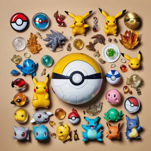 pokemon,pokémon,pokeball,game pieces,pokemon go,pokemongo,children's toys,game characters,playmat,fairy tale icons,children toys,plush figures,food icons,plush toys,round kawaii animals,blister pack,collected game assets,marshmallow art,animal balloons,starters,Unique,Design,Knolling