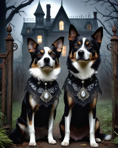 gothic portrait,corgis,gothic style,toy manchester terrier,gothic,gothic fashion,french bulldogs,halloween background,two dogs,halloween ghosts,helloween,raging dogs,boston terrier,dark gothic mood,american gothic,gothic architecture,witch house,black and tan terrier,hallloween,goths,Conceptual Art,Daily,Daily 34