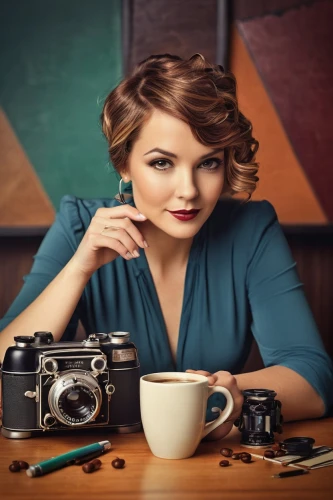 portrait photographers,woman drinking coffee,a girl with a camera,vintage woman,portrait photography,the blonde photographer,camera illustration,photographic equipment,vintage camera,coffee background,photographer,retro woman,vintage female portrait,camera photographer,vintage women,retro women,vintage girl,photo-camera,photography equipment,photographic background,Illustration,Vector,Vector 18