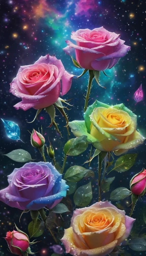 colorful roses,noble roses,fairy galaxy,blooming roses,spray roses,colorful stars,cosmic flower,rainbow rose,roses,flowers celestial,landscape rose,flower background,rose roses,way of the roses,flower painting,pink roses,sky rose,space art,floral background,romantic rose,Conceptual Art,Fantasy,Fantasy 30