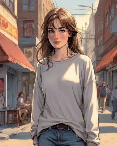 girl walking away,digital painting,girl in t-shirt,a pedestrian,woman at cafe,woman shopping,city ​​portrait,world digital painting,girl with speech bubble,woman walking,street scene,shopping street,pedestrian,on the street,the girl at the station,long-sleeved t-shirt,girl in a long,the girl,istanbul,sidewalk,Digital Art,Comic