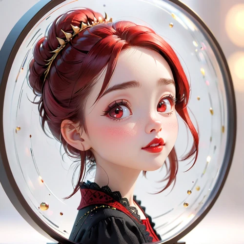 doll looking in mirror,fantasy portrait,fairy tale character,girl with speech bubble,girl portrait,redhead doll,girl in a wreath,magic mirror,makeup mirror,lensball,bubble,two-point-ladybug,mystical portrait of a girl,bubble cherries,hanbok,little girl fairy,artist doll,painter doll,round autumn frame,mirror,Anime,Anime,Cartoon