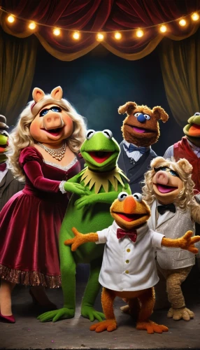 the muppets,frog gathering,caper family,puppet theatre,carol singers,frogs,frog background,big band,pig's trotters,entertainers,symphony orchestra,sesame street,puppets,singers,orchesta,orchestra,kermit,carolers,kermit the frog,musical ensemble,Conceptual Art,Oil color,Oil Color 03