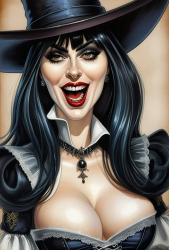 vampire woman,vampira,vampire lady,evil woman,gothic woman,halloween witch,black hat,killer smile,harley,gothic portrait,catrina,witch,vampire,wicked witch of the west,celebration of witches,witch's hat icon,witch ban,halloween illustration,scary woman,tura satana,Illustration,Abstract Fantasy,Abstract Fantasy 23