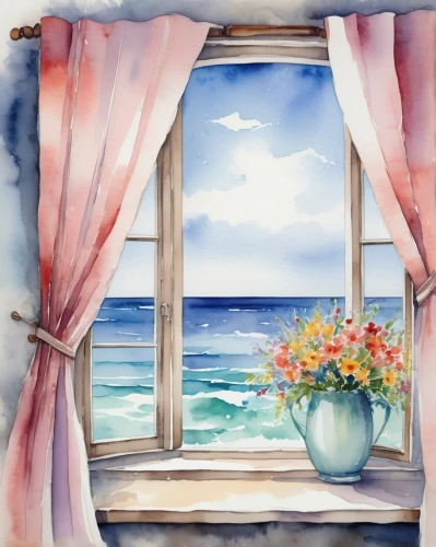 window with sea view,watercolor background,watercolor frame,window curtain,window valance,window treatment,watercolour frame,window covering,bedroom window,watercolor painting,curtains,ocean view,curtain,seaside view,window view,watercolor floral background,watercolor,a curtain,window,sea view,Illustration,Paper based,Paper Based 25