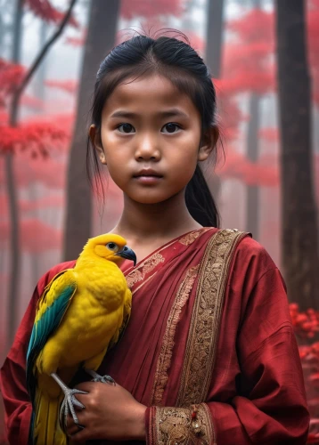 asian bird,nomadic children,himalayan bulbul,girl with tree,nepal,bangladesh,rosella,southeast asia,vietnamese woman,exotic bird,colorful birds,bulbul,vietnam,photographing children,little girl in wind,red bird,scarlet macaw,myanmar,nature bird,light red macaw,Photography,General,Realistic