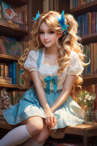 alice,fairy tale character,librarian,female doll,doll dress,dress doll,children's fairy tale,bookworm,little girl reading,doll paola reina,alice in wonderland,children's background,rapunzel,painter doll,artist doll,fantasy portrait,fantasy picture,fantasy girl,3d fantasy,vintage doll,Conceptual Art,Fantasy,Fantasy 05