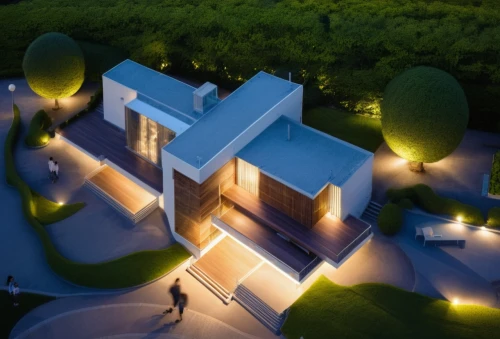 landscape lighting,3d rendering,cube house,modern architecture,cubic house,smart home,archidaily,residential house,modern house,residential,render,roof landscape,smart house,new housing development,cube stilt houses,futuristic architecture,crown render,view from above,roof domes,house roofs,Photography,General,Realistic