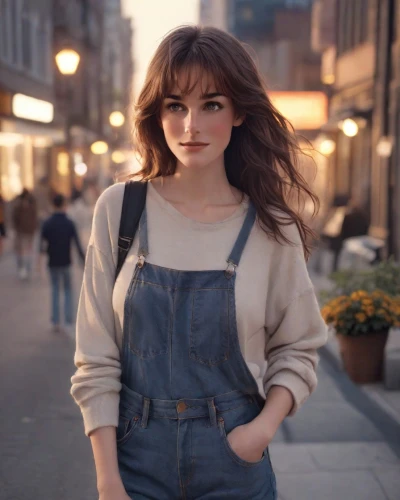 girl in overalls,overalls,denim jumpsuit,denim,young model istanbul,overall,denim background,denim bow,retro girl,vintage girl,retro woman,vintage woman,on the street,romantic look,jumpsuit,adorable,birce akalay,1960's,denim jeans,fashion street,Photography,Natural