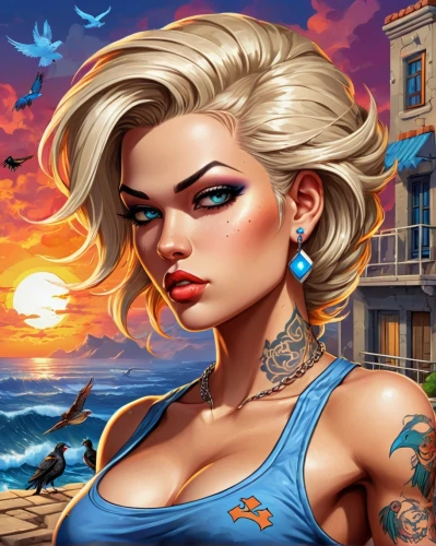 beach background,tattoo girl,portrait background,world digital painting,femme fatale,game illustration,summer background,rosa ' amber cover,rockabella,malibu,marylyn monroe - female,dusk background,summer icons,vector illustration,fantasy art,background images,fantasy portrait,custom portrait,sea beach-marigold,cuba background,Unique,Pixel,Pixel 05