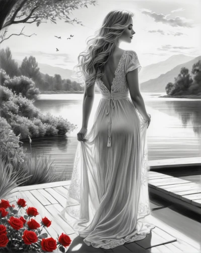 romantic scene,jessamine,red roses,lover's grief,celtic woman,romantic look,romantic portrait,world digital painting,remembrance day,mourning swan,fantasy picture,with roses,dead bride,love background,longing,romantic rose,remembrance,red rose,dowries,scent of roses,Illustration,Black and White,Black and White 30