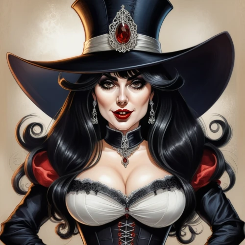 vampire woman,black hat,vampire lady,queen of hearts,halloween witch,gothic woman,witch,witch's hat icon,halloween black cat,widow,sorceress,witch hat,ringmaster,witch's hat,corset,evil woman,harley,fantasy woman,gothic portrait,catrina,Illustration,Abstract Fantasy,Abstract Fantasy 23