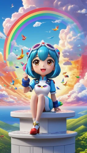 hatsune miku,rainbow background,yo-kai,raimbow,2d,rainbow clouds,candy island girl,piko,tara,rimy,cg artwork,bjork,nyan,fantasia,prism,sky rose,pubg mascot,ako,dizzy,miku,Unique,3D,3D Character