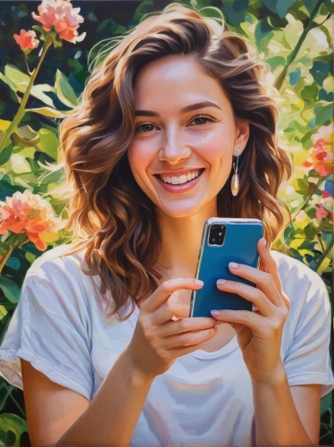 woman holding a smartphone,girl in flowers,phone icon,woman eating apple,custom portrait,oil painting on canvas,portrait background,beautiful girl with flowers,oil painting,girl portrait,photo painting,facebook pixel,huawei,romantic portrait,using phone,girl in the garden,oil on canvas,painting technique,honor 9,artist portrait,Conceptual Art,Graffiti Art,Graffiti Art 11