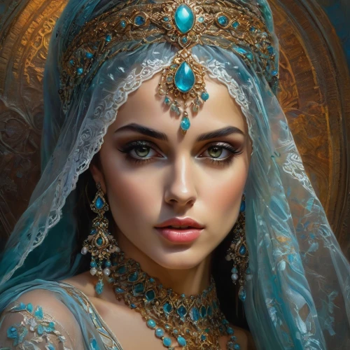 fantasy portrait,fantasy art,indian bride,mystical portrait of a girl,romantic portrait,priestess,oriental princess,indian woman,blue enchantress,arabian,diadem,world digital painting,bridal accessory,bridal jewelry,fantasy picture,headdress,cleopatra,bridal,radha,boho art,Photography,General,Fantasy