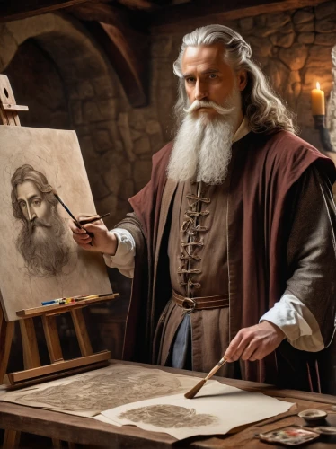 leonardo da vinci,leonardo devinci,biblical narrative characters,albrecht dürer,leonardo,italian painter,drawing course,male poses for drawing,the abbot of olib,thorin,painting technique,church painting,twelve apostle,meticulous painting,digital compositing,benediction of god the father,caricaturist,icon magnifying,lord who rings,hobbiton,Illustration,Black and White,Black and White 03