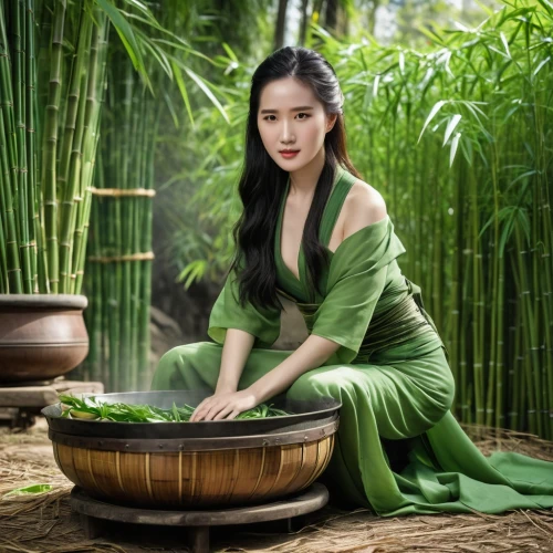 vietnamese woman,green dress,miss vietnam,in green,lily pad,bamboo flute,viet nam,junshan yinzhen,vietnamese,gỏi cuốn,vietnam,mulan,green dragon,bamboo,bamboo shoot,bamboo plants,kaew chao chom,bamboo curtain,oriental princess,green landscape,Photography,General,Realistic