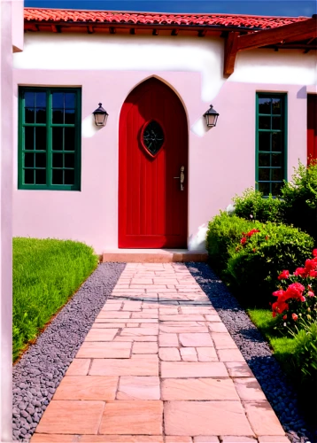 house entrance,driveway,entry path,the threshold of the house,front door,red roof,home door,garden door,exterior decoration,paving stones,patio,roof tile,red bricks,terracotta tiles,clay tile,door trim,spanish tile,sand-lime brick,red brick,paving stone,Illustration,Realistic Fantasy,Realistic Fantasy 16