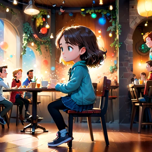 kids illustration,paris cafe,watercolor cafe,the coffee shop,girl sitting,girl with speech bubble,bistro,children's background,cg artwork,girl studying,waitress,sci fiction illustration,cute cartoon image,little girl reading,woman at cafe,coffee shop,a restaurant,japanese restaurant,child is sitting,cute cartoon character,Anime,Anime,Cartoon