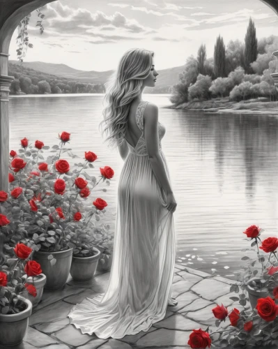 red roses,scent of roses,romantic rose,way of the roses,red rose,landscape rose,with roses,seerose,red poppies,water rose,rose flower illustration,fantasy picture,roses,world digital painting,romantic scene,rosebushes,spray roses,red carnations,celtic woman,lover's grief,Illustration,Black and White,Black and White 30
