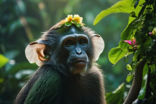 long tailed macaque,crab-eating macaque,de brazza's monkey,white-fronted capuchin,macaque,bleeding-heart baboon,monkey banana,common chimpanzee,flower crown,tufted capuchin,bonobo,rhesus macaque,white-headed capuchin,barbary monkey,beautiful girl with flowers,celebes crested macaque,japan macaque,flower hat,barbary ape,flower crown of christ,Photography,Fashion Photography,Fashion Photography 23