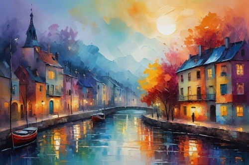 colorful city,watercolor paris,art painting,watercolor background,french digital background,water colors,oil painting on canvas,painting technique,world digital painting,watercolor shops,watercolor,italian painter,watercolor painting,watercolor paint,night scene,colorful light,colorful background,canals,city scape,evening atmosphere,Conceptual Art,Fantasy,Fantasy 14