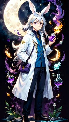 easter banner,white rabbit,constellation unicorn,gray hare,celestial event,white bunny,zodiac sign libra,star illustration,rabbits and hares,merlin,violinist violinist of the moon,constellation wolf,easter theme,moon and star background,white coat,theoretician physician,butler,lunar,magician,physician,Anime,Anime,General